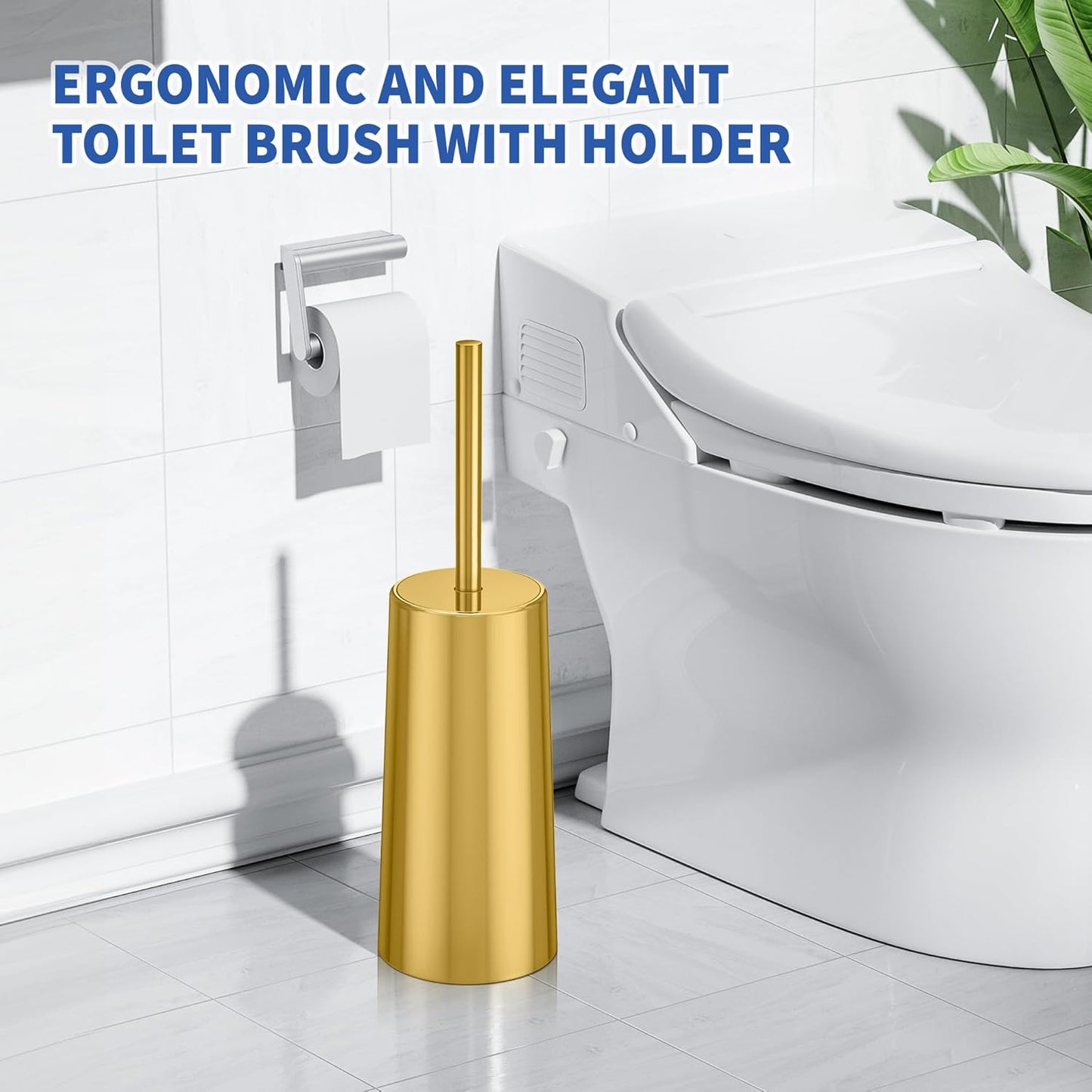 Toilet Brush and Holder, Toilet Brush Stainless Steel, Toilet Bowl Brush for Bathroom Toilet-Ergonomic, Elegant,Durable (Gold)