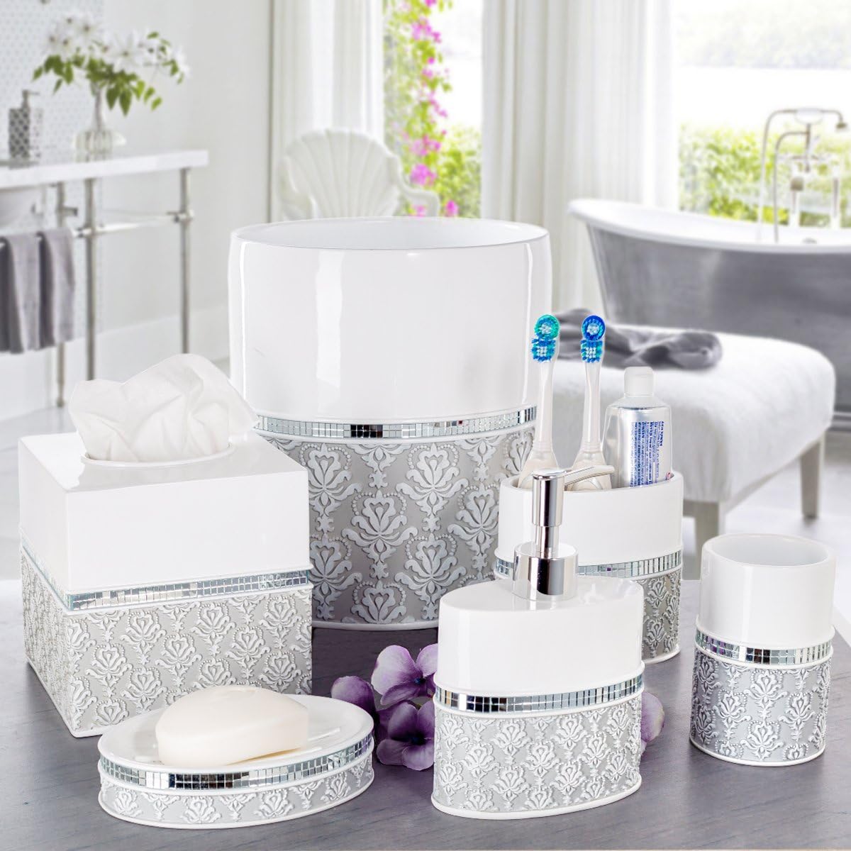 Creative Scents Mirror Damask Small Bathroom Trash Can 1.58 Gal / 6L - Decorative White and Gray Waste Basket - Durable Bathroom Wastebasket - Waste Bin for Powder Room Or Bedroom
