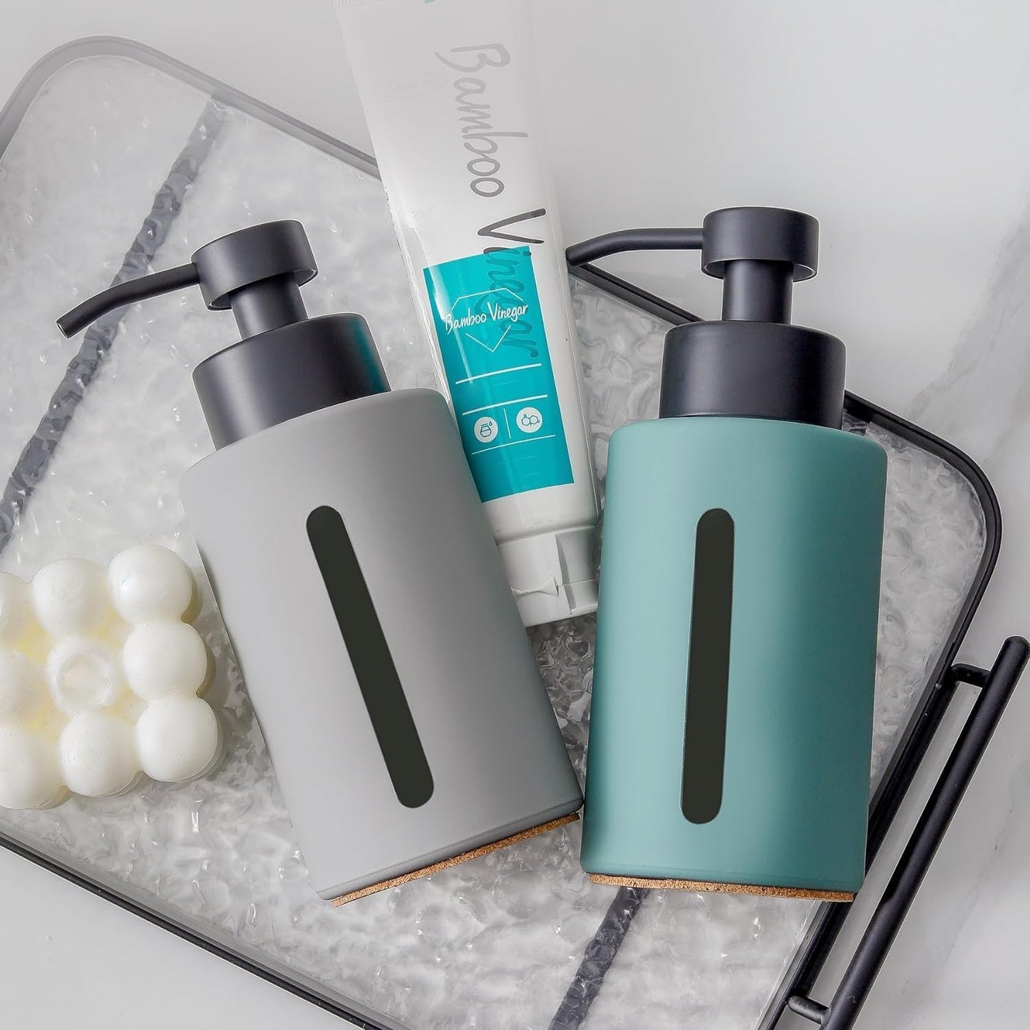 Enra Glass Dish Soap Dispenser with Window,12oz Light Gray Soap Dispenser with Stainless Steel Hand Lotion Pump,Refillable Bathroom Soap Dispenser for Bathroom Kitchen(Light Gray/Liquid Type)