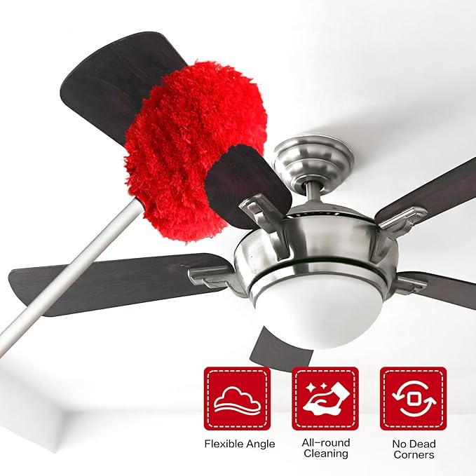 Ceiling Fan Cleaner Duster Reusable Microfiber Ceiling Fan Blade Cleaner Removable Duster with Extension Pole Adjusts 13 to 49.7 Inch for Cleaning Walls Bookshelves Furniture Door Window Top (Red)