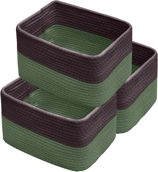 Hopegiver Woven Storage Baskets 11x8x7 Inch, 3 Pack Collapsible Cube Storage Bin for Shelves - Foldable Cotton Rope Organizer Bins for Towels, Toys, Books, Closet, Nursery (Brown Green)