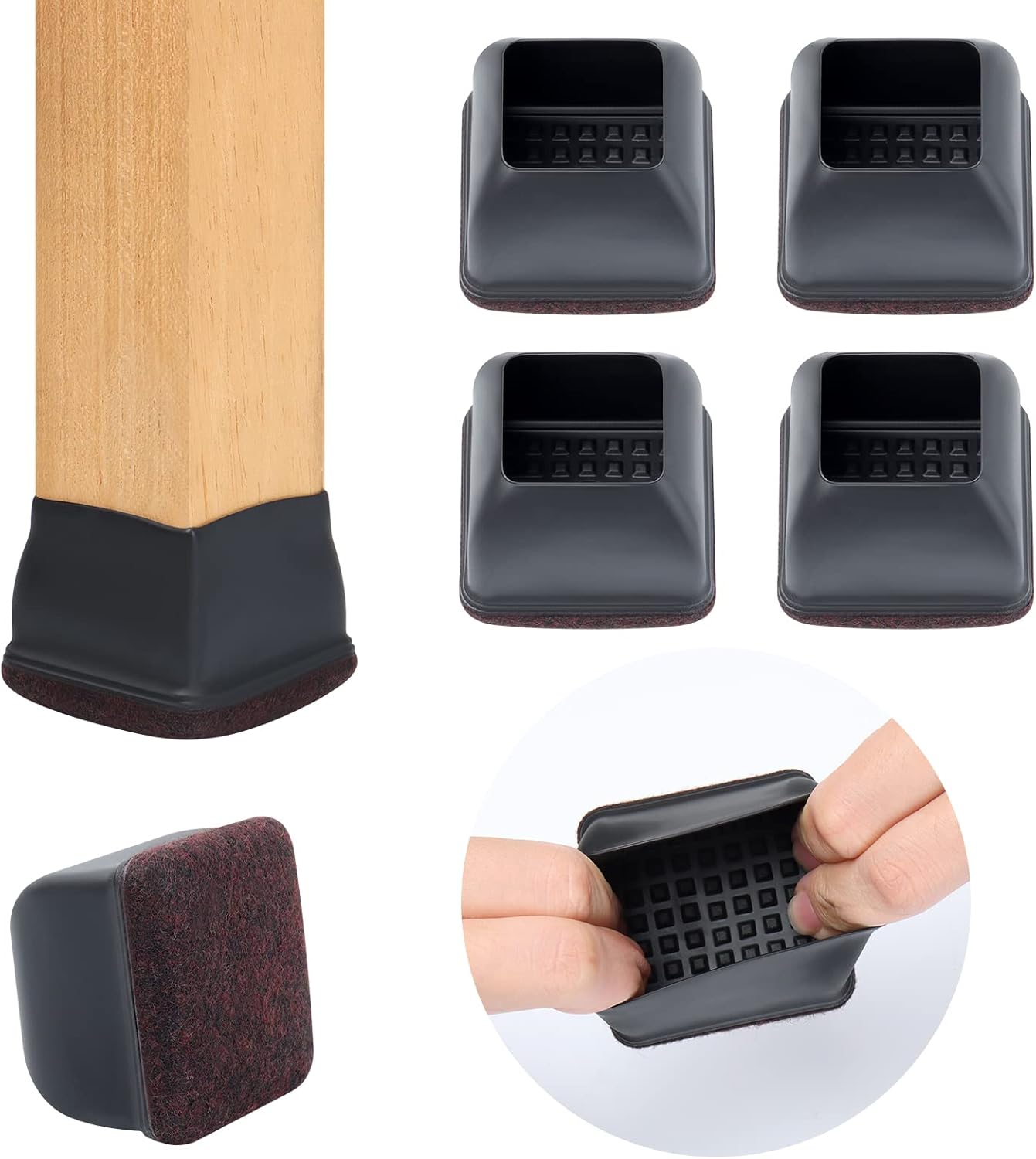 Ezprotekt 24 Pcs Square Chair Leg Floor Protectors for Hardwood Floors, Silicone Felt Furniture Pads, Table Chair Leg Cups Covers, Bar Stools Leg Protectors Caps (XL Fit: 1.5" - 2", Black)