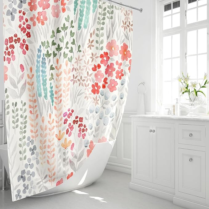 Colorful Floral Shower Curtain, Retro Red Teal Flower Fabric Shower Curtain, Cute Funky Watercolor Wildflower Shower Curtain Set, Cottagecore Bohemian Bathroom Decor, 72x72