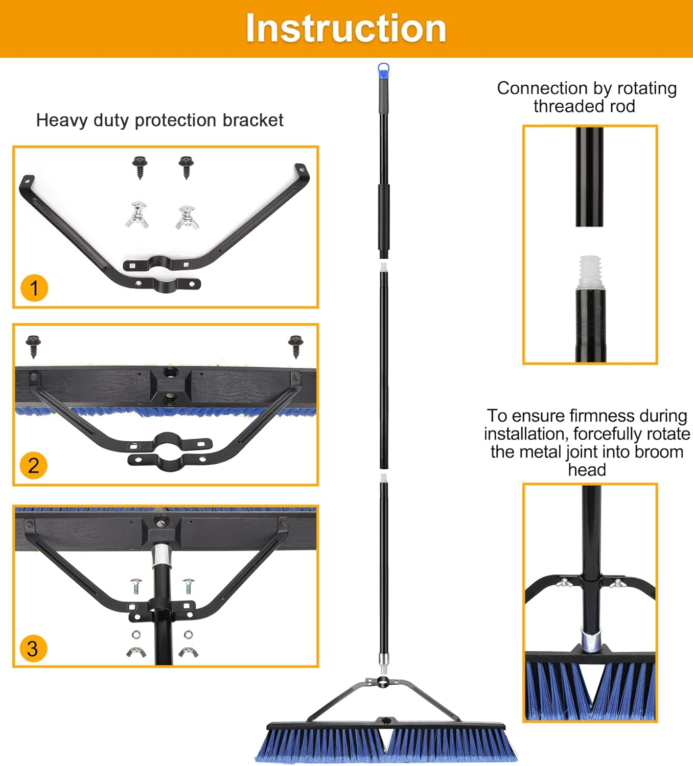 24 inches Push Broom Outdoor for Deck Driveway Garage Yard Patio Concrete Floor Cleaning-Blue-2 Pack