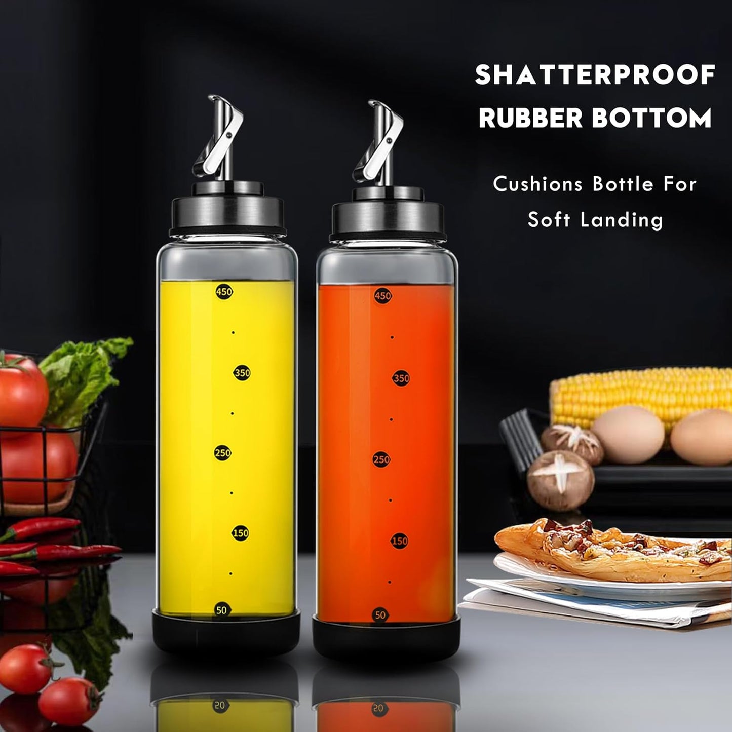 Glass Olive Oil Dispenser Bottle for Kitchen Shatterproof & Leakproof Oil and Vinegar Dispenser Set with Stainless Steel Spout & Rubber Bottom 17 oz Olive Oil Bottle for Cooking, Set of 2