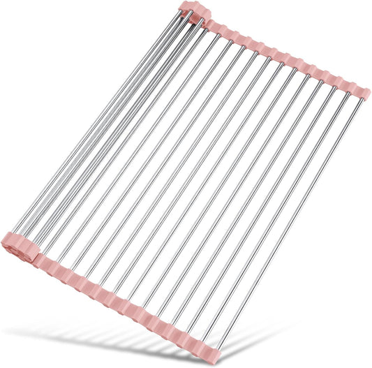 Tomorotec 17.7" x 15.5" Roll Up Dish Drying Rack Over Sink Drying Rack Sink Cover Kitchen Sink Accessories Gadget Multipurpose Organizer Foldable Stainless Steel Drainer