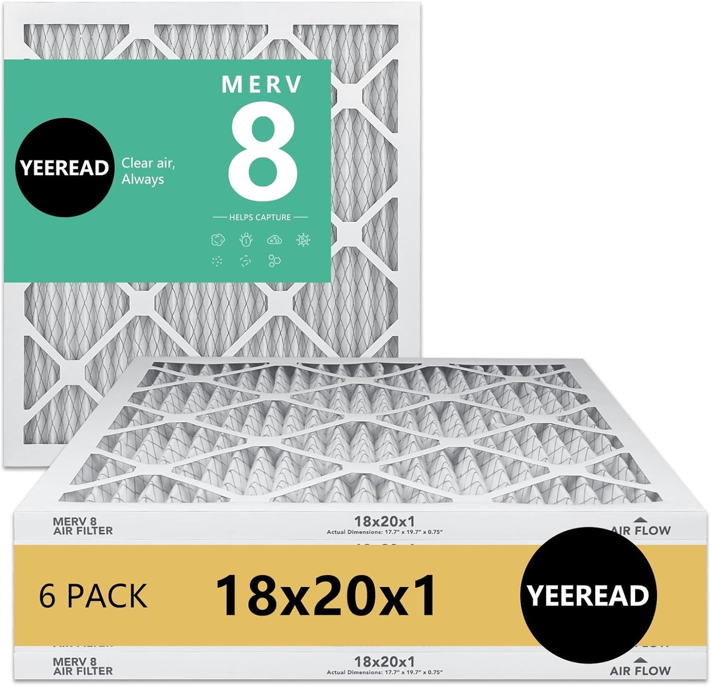 18x20x1 MERV 8 Air Filters 6-Pack, Actual Size 17.7" x 19.7" x 0.75" – Compatible with HVAC, Air Conditioners & Furnaces– High Particle Capture & Smooth Airflow