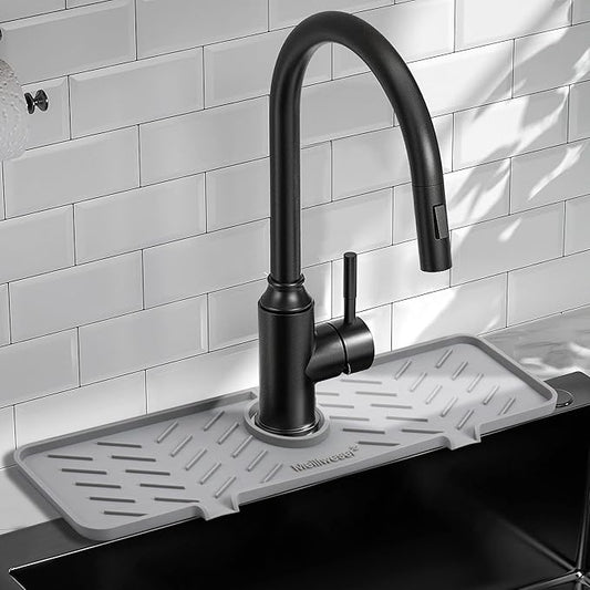 Meiliweser Silicone Faucet Mat for Kitchen Sink – Gen 2 Splash Guard with Upgraded Outlet & Slope – 18” x 5.1” Water Catcher & Sink Sponge Holder for Kitchen and Bathroom (Gray)