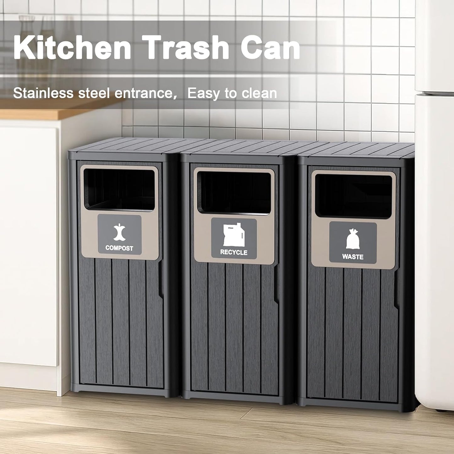 Outdoor Three Barrel Trash Can,Waterproof Resin Garbage Can with Garbage Labels,Durable Waste Bin for Porch, Backyard,Kitchen,for 30 to 39 Gallon Trash Bags