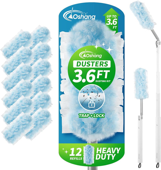 oshang Duster Heavy Duty 3.6 ft Extended Handle Dusting Kit - Multi-Surface Cleaning | Home, Office, Furniture, Ceiling Fan | Powerful Dust Removal | Feather Dusters (1 Duster + 12 Refills)