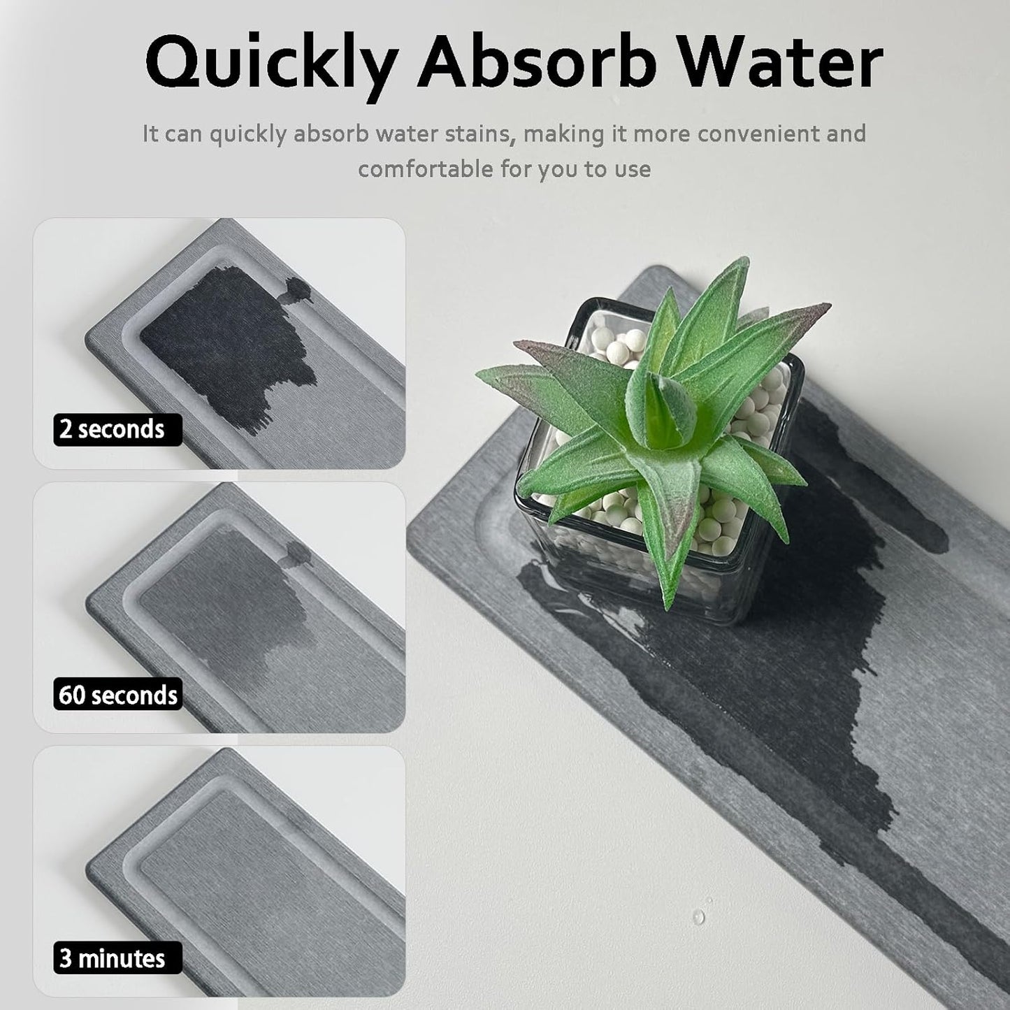 2 PCS Water Absorbing Stone Trays for Bathroom Sink & Kitchen Counter, Fast-Drying Diatomite Sink Coasters, Vanity Tray, Hand Soap Holder with Anti-Skid Pads (11" x 4.7" Gray)