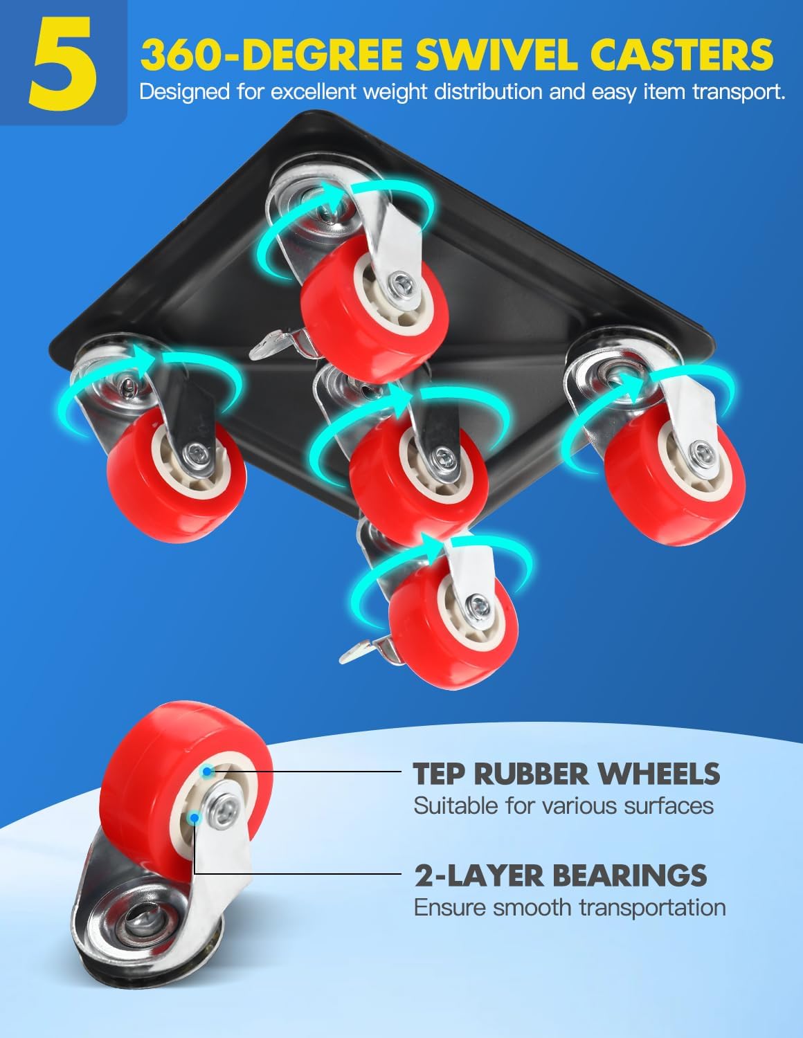 Heavy Duty Industrial Furniture Movers with Wheels, Dolly, Lifter, Sliders, 5 Rollers Casters Cart, Black, 1200 lb Capacity