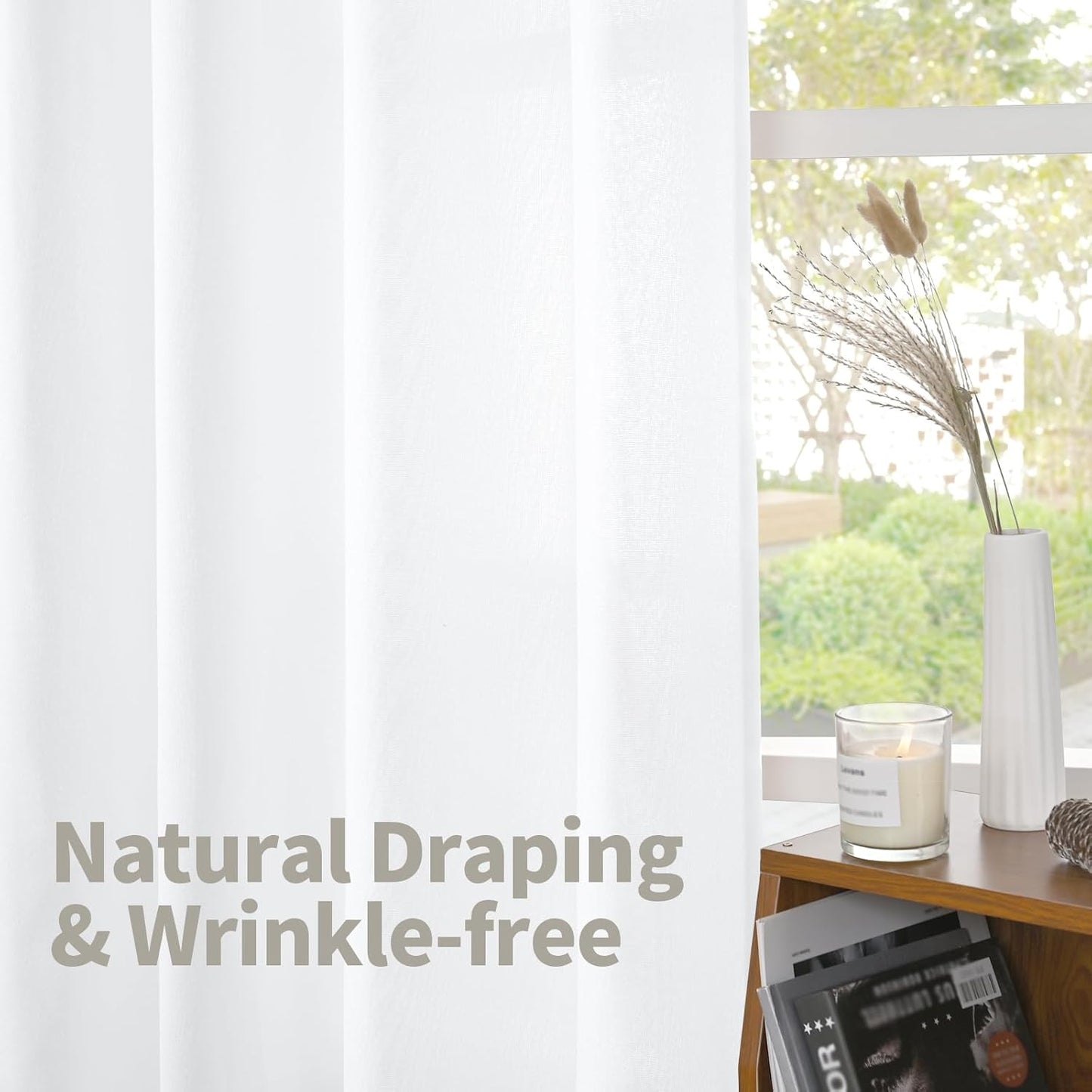 YoungsTex 84 Inch Length White Linen Curtains for Living Room, Semi Sheer Drapes with Rod Pocket Back Tab Light Filtering Window Treatments for Dining Bedroom, 52 X 84 Inch, 2 Panels