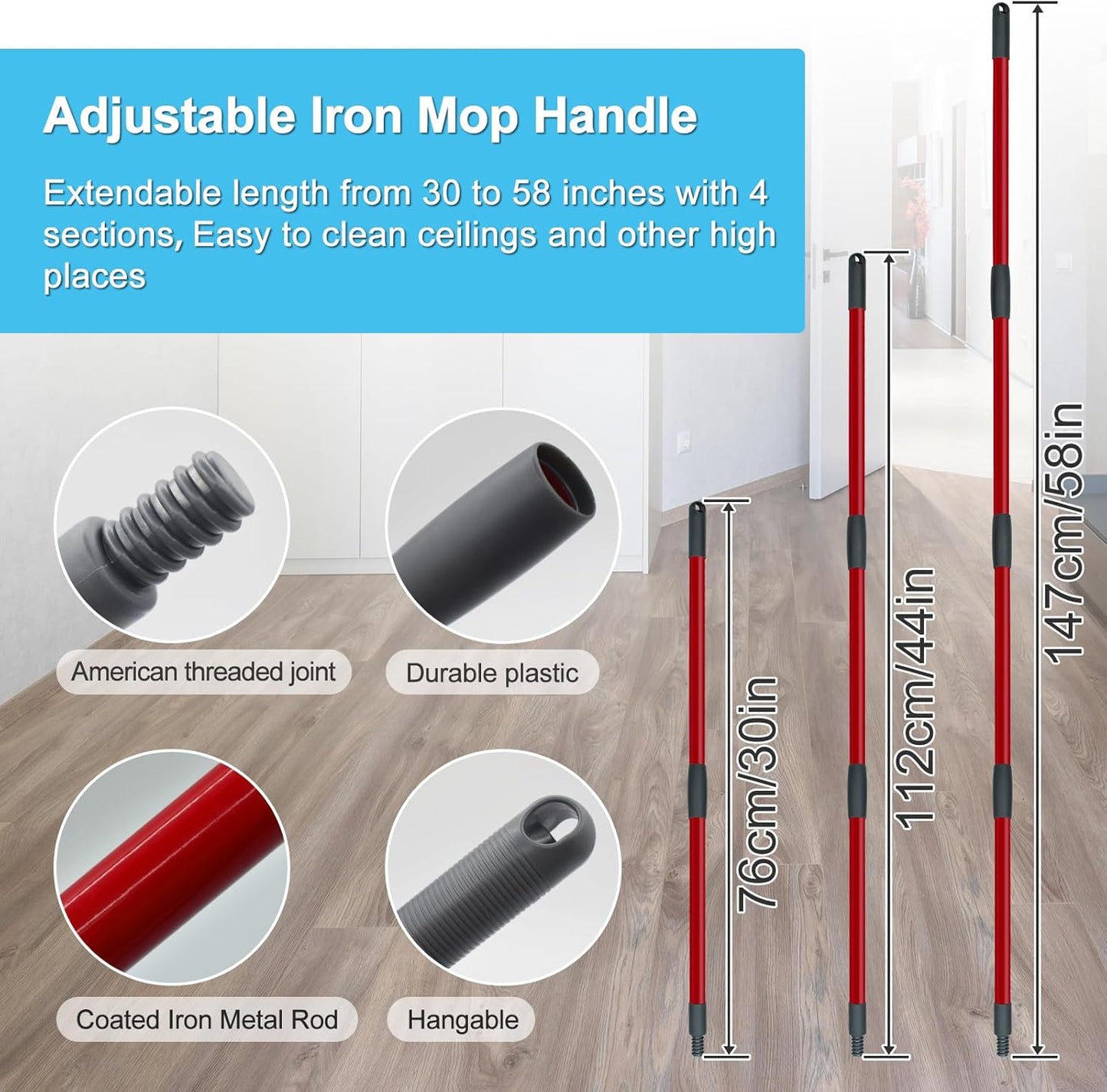 Spin Mop Handle, Mop Replace Heads, Scrubber Head and Base Replacement for O-Cedar EasyWring 1 Tank System, 2 Microfiber Mops Heads Replacements and 1 Scrub Brush, Use for Wet/Dry Hard Floor Cleaning
