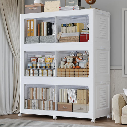 150GAL Extra Large Storage Bins with Lid, 600Qt Stackable Closet Organizers and Drawers, Collapsible Storage Bins with Wheels, Folding Storages Cabinet for Home Bedroom Office, 3Pack White