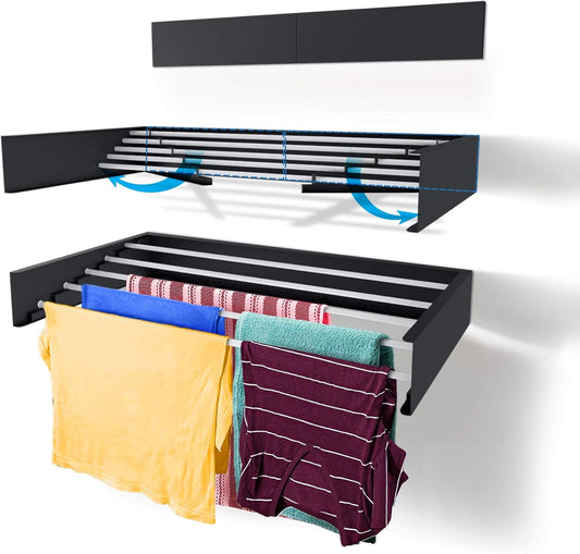 Step Up Laundry Drying Rack (27.5-INCH Industrial Gray), Wall Mounted, Retractable Clothes Drying Rack, 40lbs Load Capacity, 11.6 Linear Ft, with Wall Template and Long Screwdriver Bit