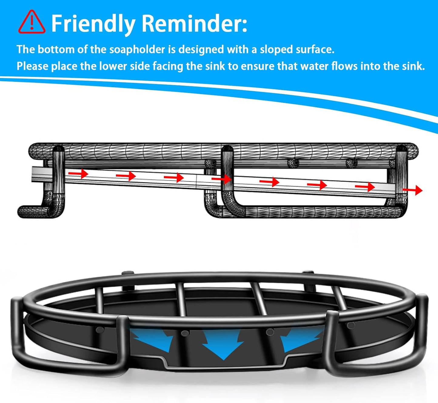 Stainless Steel Smiley Face Dish Sponge Holder, Black Sink Caddy for Kitchen Countertop, Soap Bar Dishes with Drainage, Self Draining Soap Dish Saver Shampoo Holder Tray Caddy for Scrubber