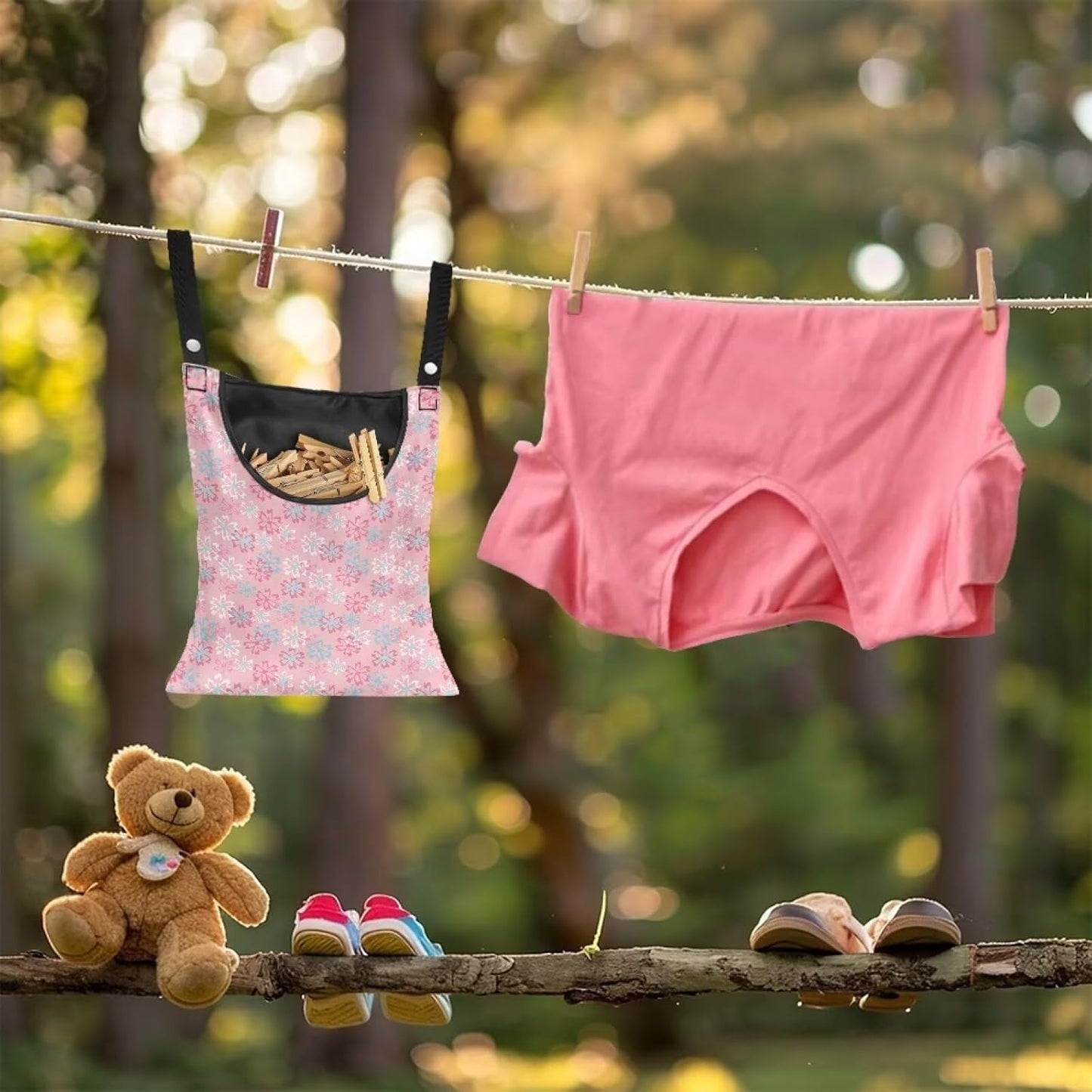 Clothes Pin Hanging Bag, Clothes Pins Bag Holder Outdoor 4.Stylish Clothespin Bag with Hanging Rope for Clothes Pin and Clothespin - Flower Pink
