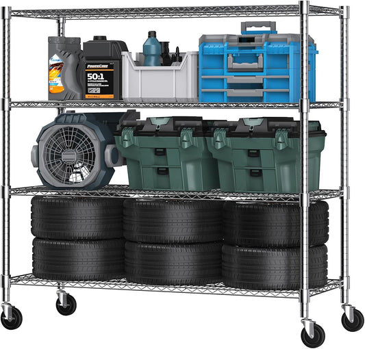 Himimi 72" H Storage Shelves 4 Tier Metal Shelving Adjustable Wire Shelf with Wheels, Heavy Duty Shelving for Garage Kitchen Pantry Bathroom Laundry,18" D*48" W*72" H, Silver