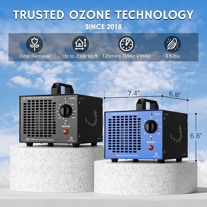 Airthereal MA5000 Commercial Ozone Generator, High Capacity Ozone Machine Odor Removal - Home Air Ionizers O3 Deodorizer for Rooms, Smoke, Cars and Pets, Eliminate Odors up to 2000sq.ft., Blue