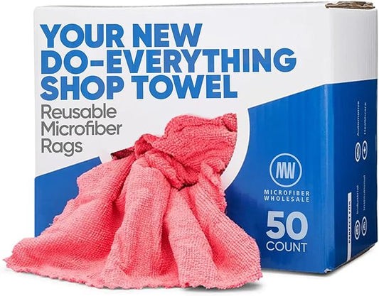 Microfiber Wholesale Shop Towels MWipes Reusable Red Shop Rags | 50 Rags in a Box (400 Count) | Super Absorbent, Machine Washable Hundreds of Times | Automotive, Paint, Industrial, Detailing