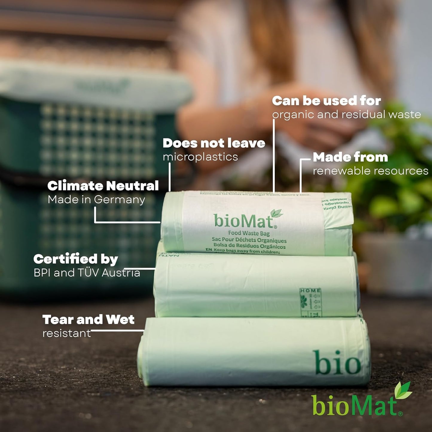 bioMat 35 Gallon Compostable Bin Liners for Food Waste, 30 Count, BPI ASTM D6400 and CMA Certified, Large Compost Bags for Compost Bin