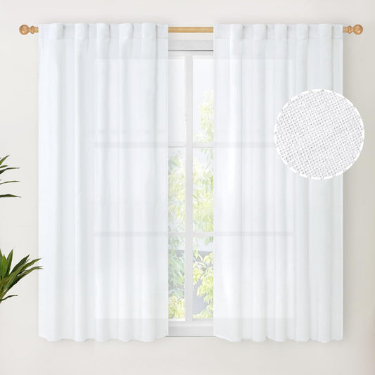 YoungsTex Short White Linen Curtains 45 Inch Length 2 Panels for Window, Semi Sheer Drapes Light Filtering with Rod Pocket Back Tab Lightweight for Cafe Kitchen Bathroom, 42 X 45 Inch