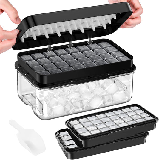 Ice Cube Tray with Lid and Bin, PHINOX 64 pcs Ice Trays for Freezer, Ice Cube Trays for Freezer with 2 trays, Container, Lid & Ice Scoop, BPA Free, Black