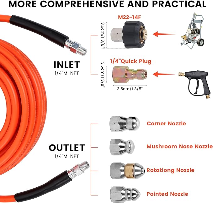 50FT Sewer Jetter Kit for Pressure Washer, 5800 PSI Water Jet Drain Cleaner Hose With Corner Rotating Button Nose Nozzle, 1/4 Inch NPT, Spanner Handle and Strap