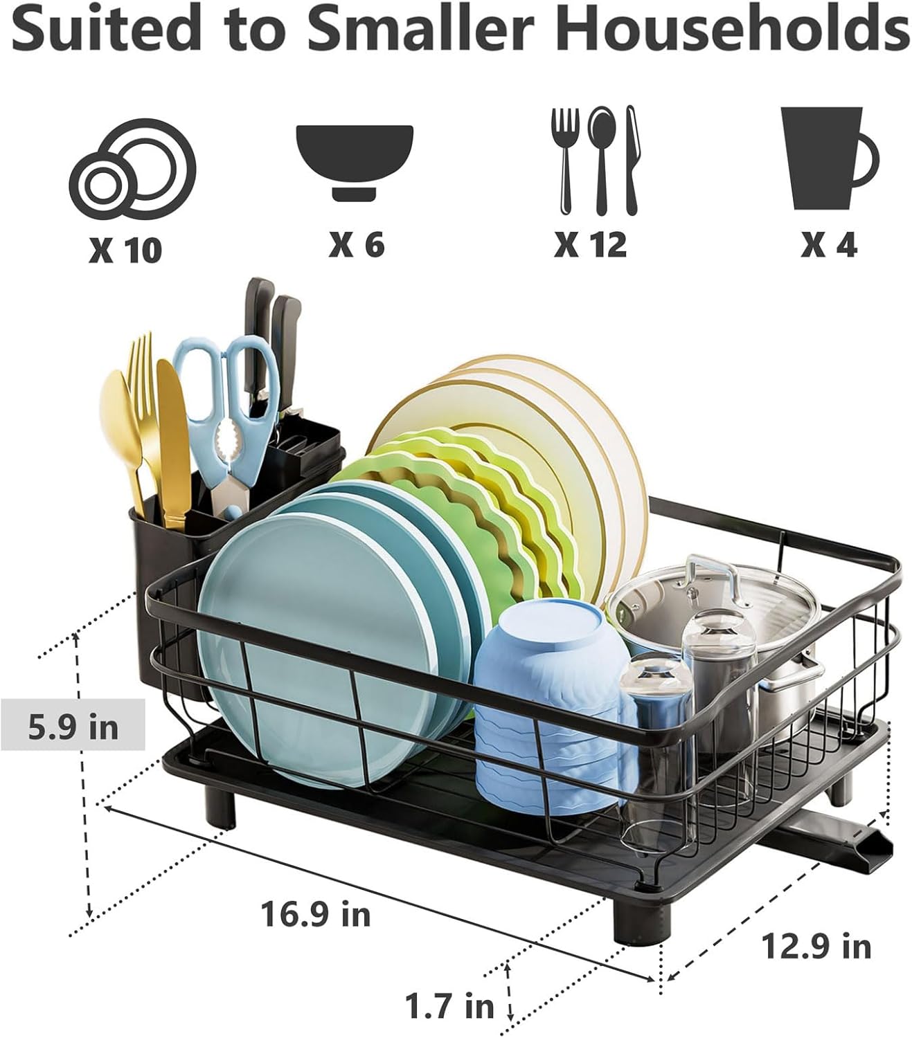 Iron Dish Drying Rack Auto Drain Dish Drainers Kitchen Counter Strainer with Draining Tray, All Black