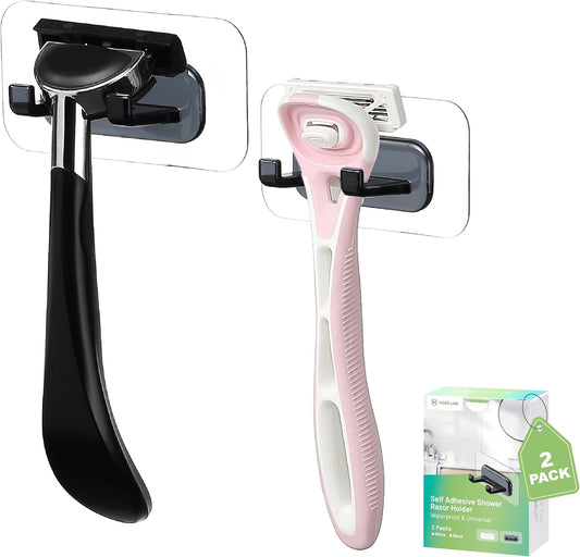 Hook LAB Self-Adhesive Shower Razor Holder, 2-Pack, Removable & Reusable Waterproof Hooks, for Towels, Bath Accessories, Kitchen & Bathroom Use - Black