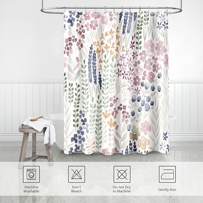 Cute Floral Shower Curtain 60x72, Mauve Boho Flower Fabric Shower Curtain, Funky Watercolor Wildflower Shower Curtain Set, Cottagecore Bohemian Bathroom Decor