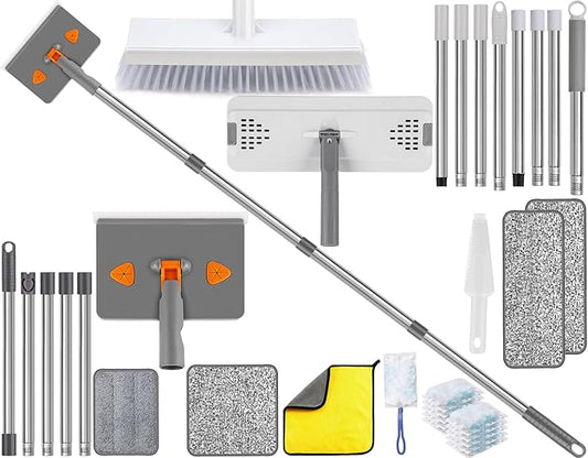 Mops for Floor Cleaning with 57" Long Handle, Scrub Brush, Baseboard Cleaner Tool with 84" Handle, 2 Reusable Pads, Wet and Dust Mopping for Hardwood, Laminate, Tile Floor, Skirting Board, 19Pcs Gray