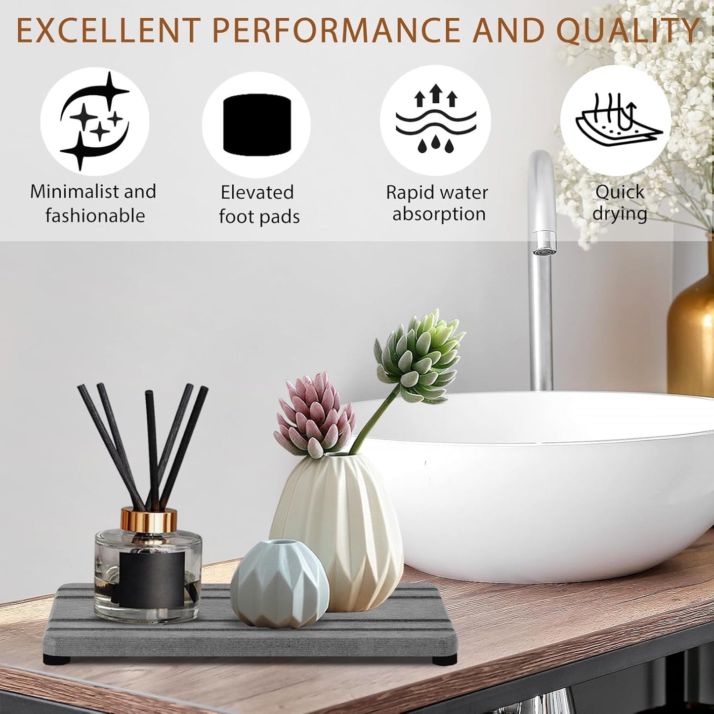 2PCS Water Absorbing Stone Tray, Quick Drying Diatomite Stone Sink Tray, Water Absorbent Diatomite Coasters for Kitchen Sink, Bathroom Counter Hand Soap Dish Toothbrush Holders