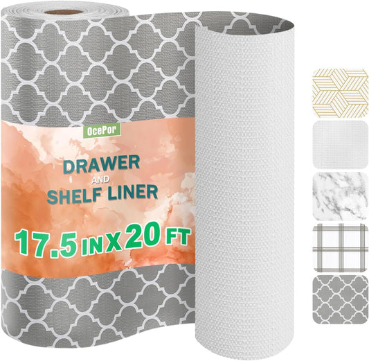 OcePor Non-Adhesive Drawer and Shelf Liner 17.5IN x 20FT，Non Slip Cabinet and Cupboard Liner, Kitchen Cabinet Liners for Shelves, Waterproof Drawer Shelf Liners for Cabinets/Bathroom Cupboard