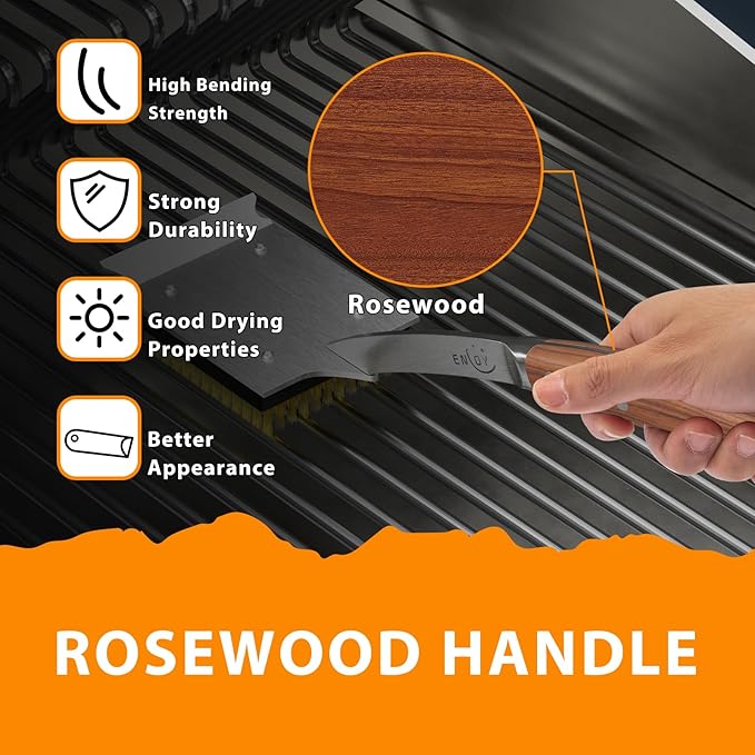 ENLOY Grill Brush and Scraper for Barbecue, 17" Grill Brush for Outdoor Grill, Extended Rosewood Handle and 2 Replaceable Copper Wire Brush Heads, Grill Cleaning Brush Grill Accessories for Most Grill