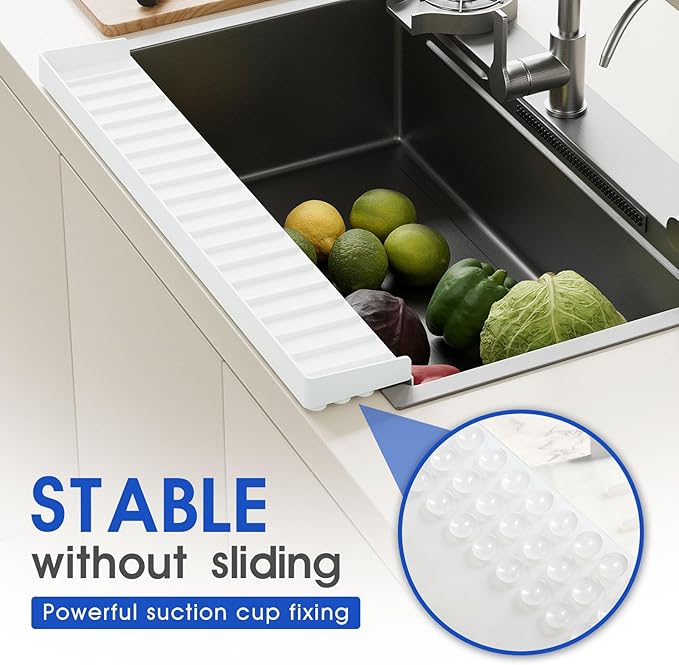 14"x4" Silicone Sink Edge Protector - Splash Guard with Suction Cups & 5° Tilt, Cuttable Edge Guard for Kitchen Sink, Bathroom,Granite & Quartz Countertops(White)