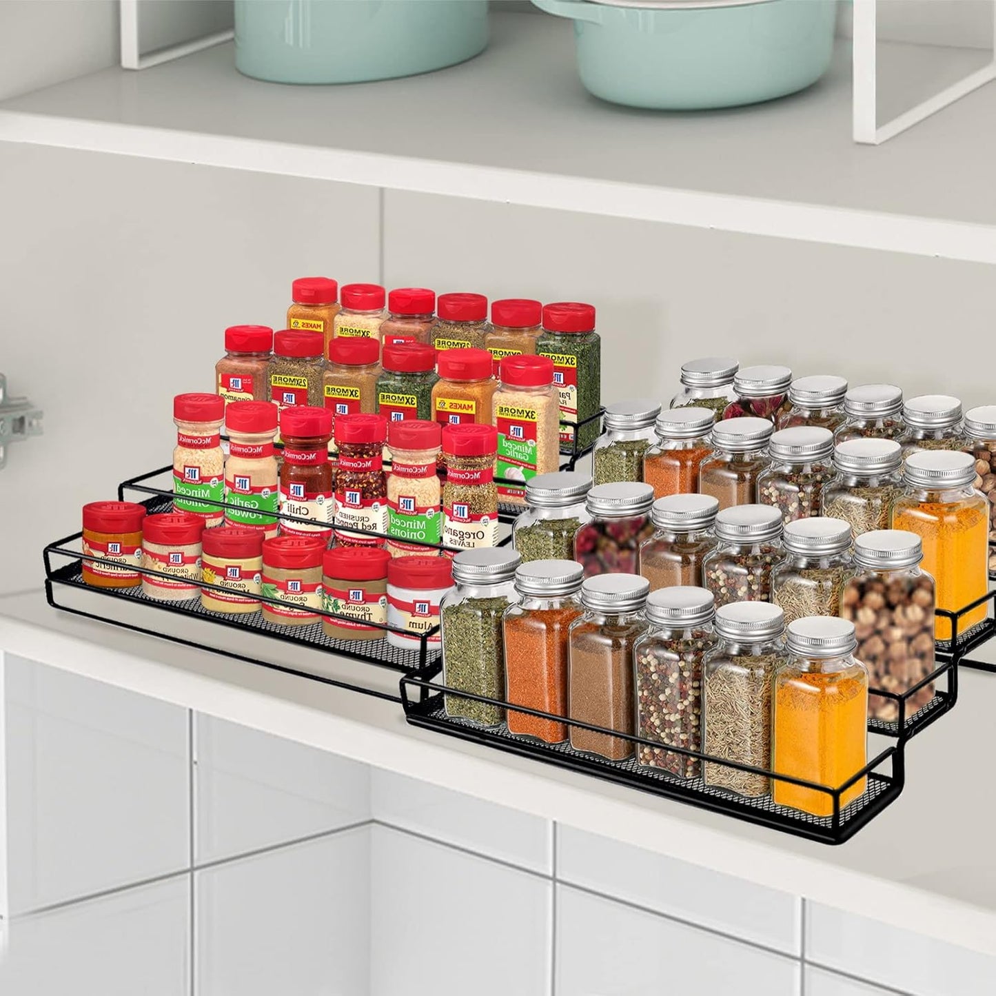 Spice Rack Organizer for Cabinet, 4 Tier Seasoning Organizer, Expandable Shelf,Step Storage Holder, Kitchen Cabinet Countertop,with Protection Railing, Metal (Black,4 Tier,2Pack)