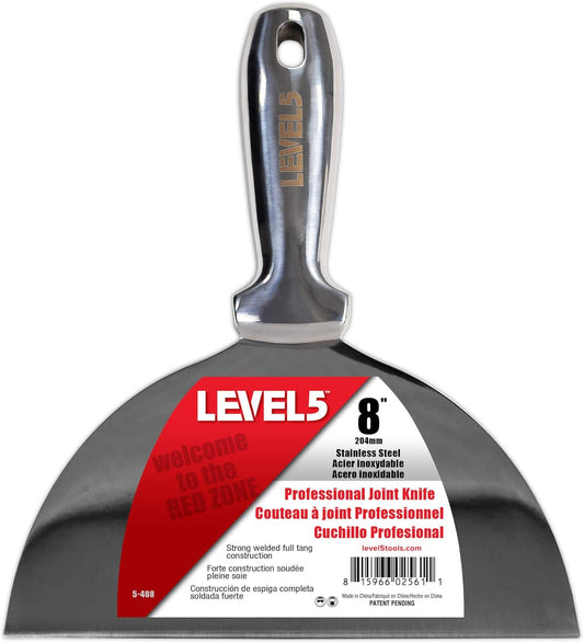 8" All Stainless Steel Joint Knife - LEVEL5 | Professional Grade Putty Blade, Premium Polished All-Metal, Precision Ground Edge, Ergonomic, Corrosion Resistant | 5-408