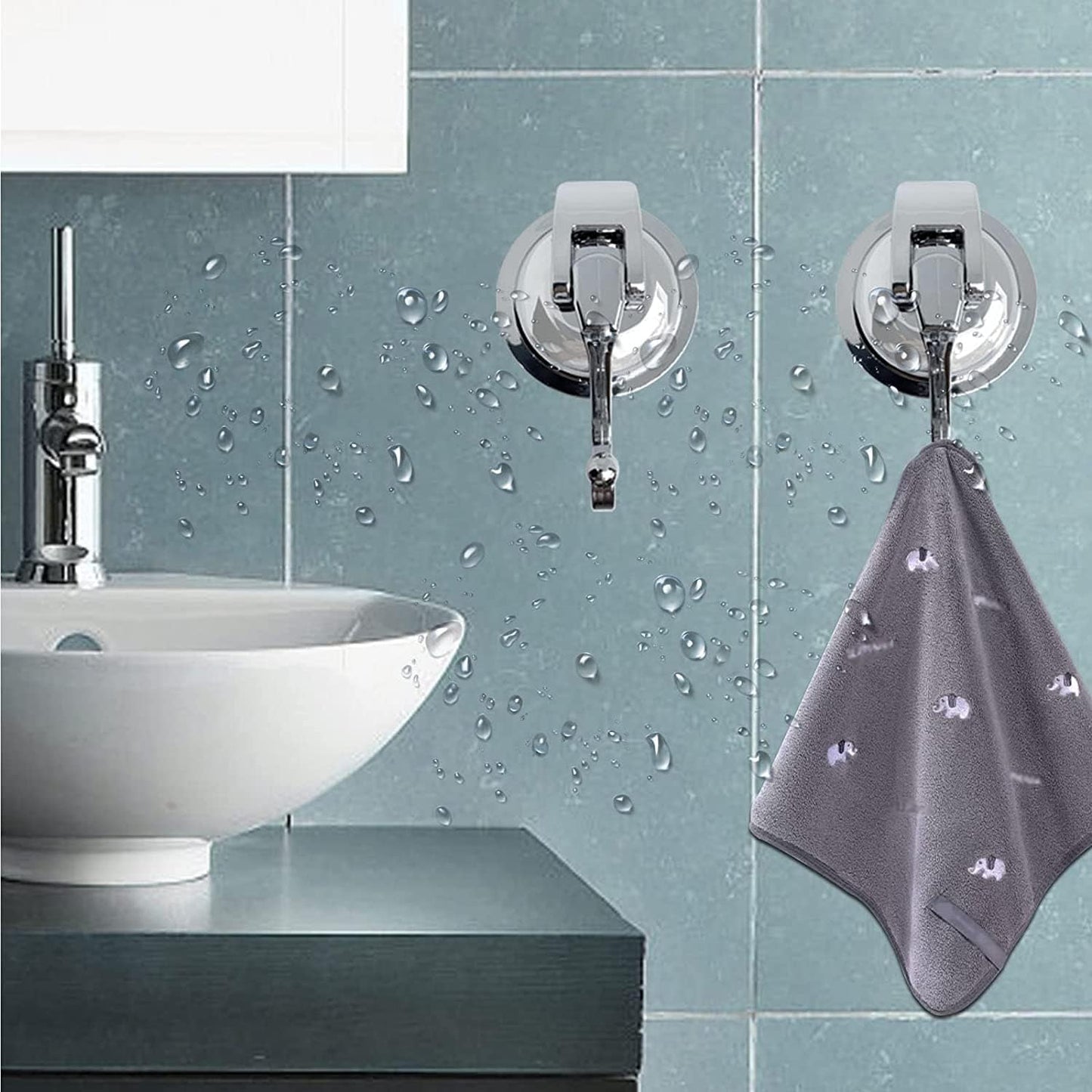 Suction Cup Hooks - Heavy Duty Glass, Reusable, No Hole Punched, for Bathroom Robe & Garland (Silver, 4 Pack)