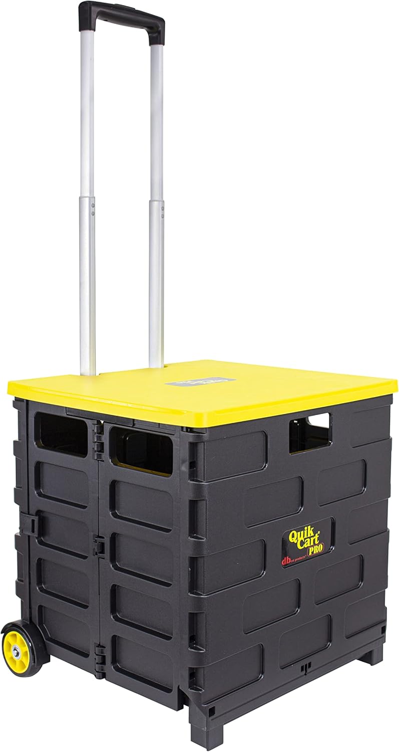 dbest products Quik Cart Pro Wheeled Rolling Crate Teacher Utility with seat Heavy Duty Collapsible Basket with Handle, Yellow