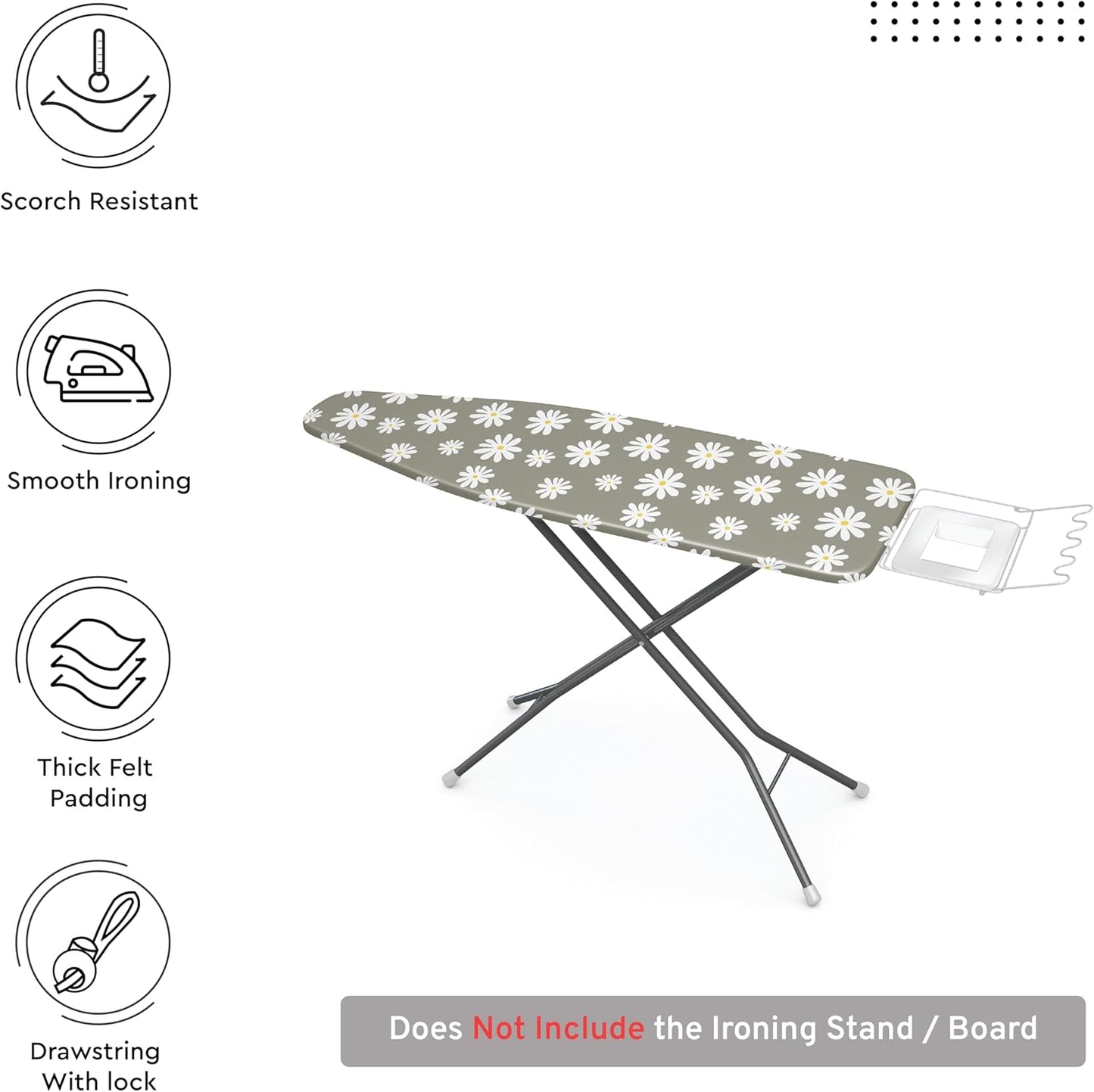 Encasa XO Ironing Board Cover and Pad 42"x14" - Thick 3mm Felt Padding, Drawstring Tightening & Lock, Easy Fit, Scorch & Stain Resistant, Fits Medium Ironing Board - Daisy Grey