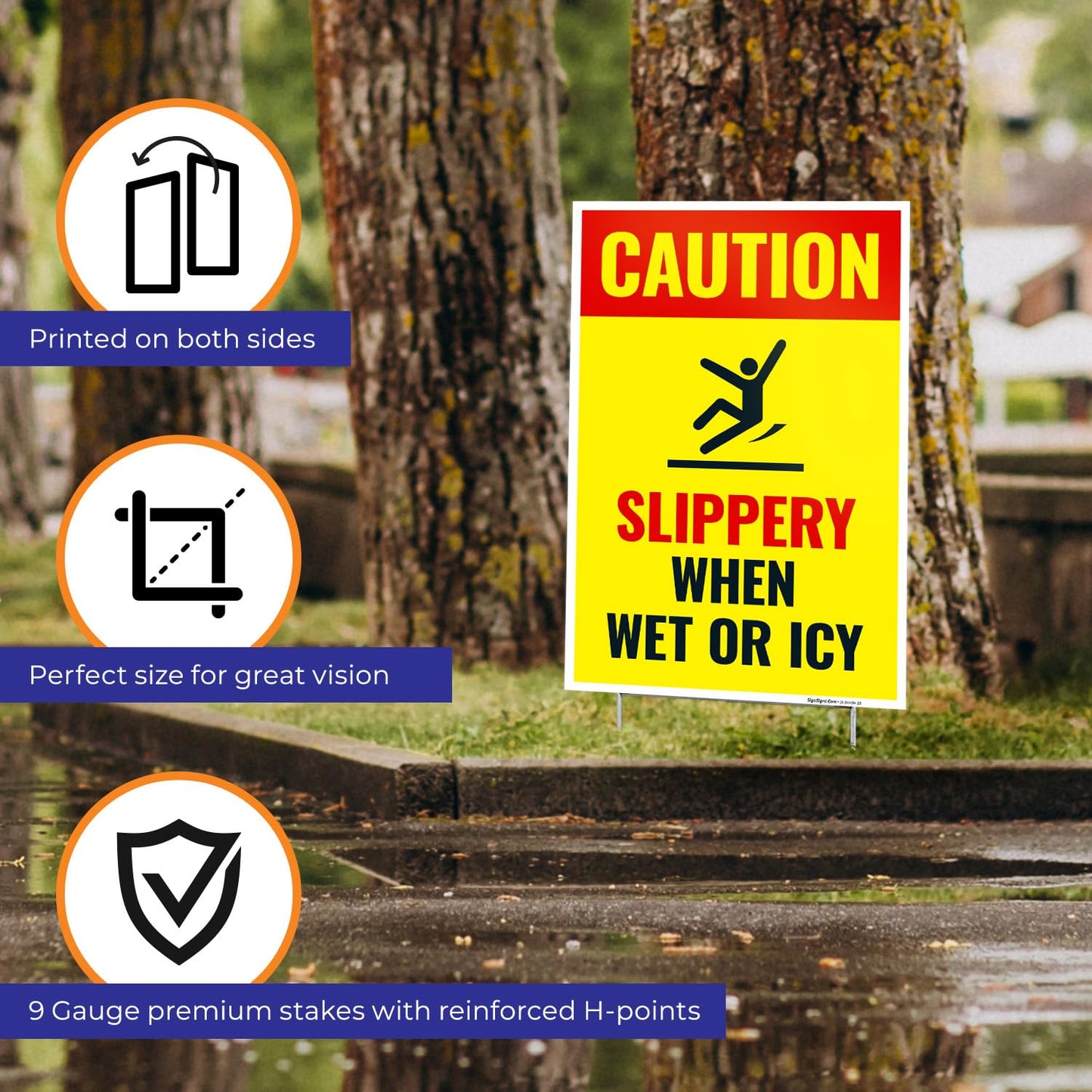 Caution Slippery When Wet or ICY Sign, (SI-84404) (4 Pack) Double Sided 12x18 Inches, Corrugated Plastic with Metal H Stake, Made in USA by Sigo Signs