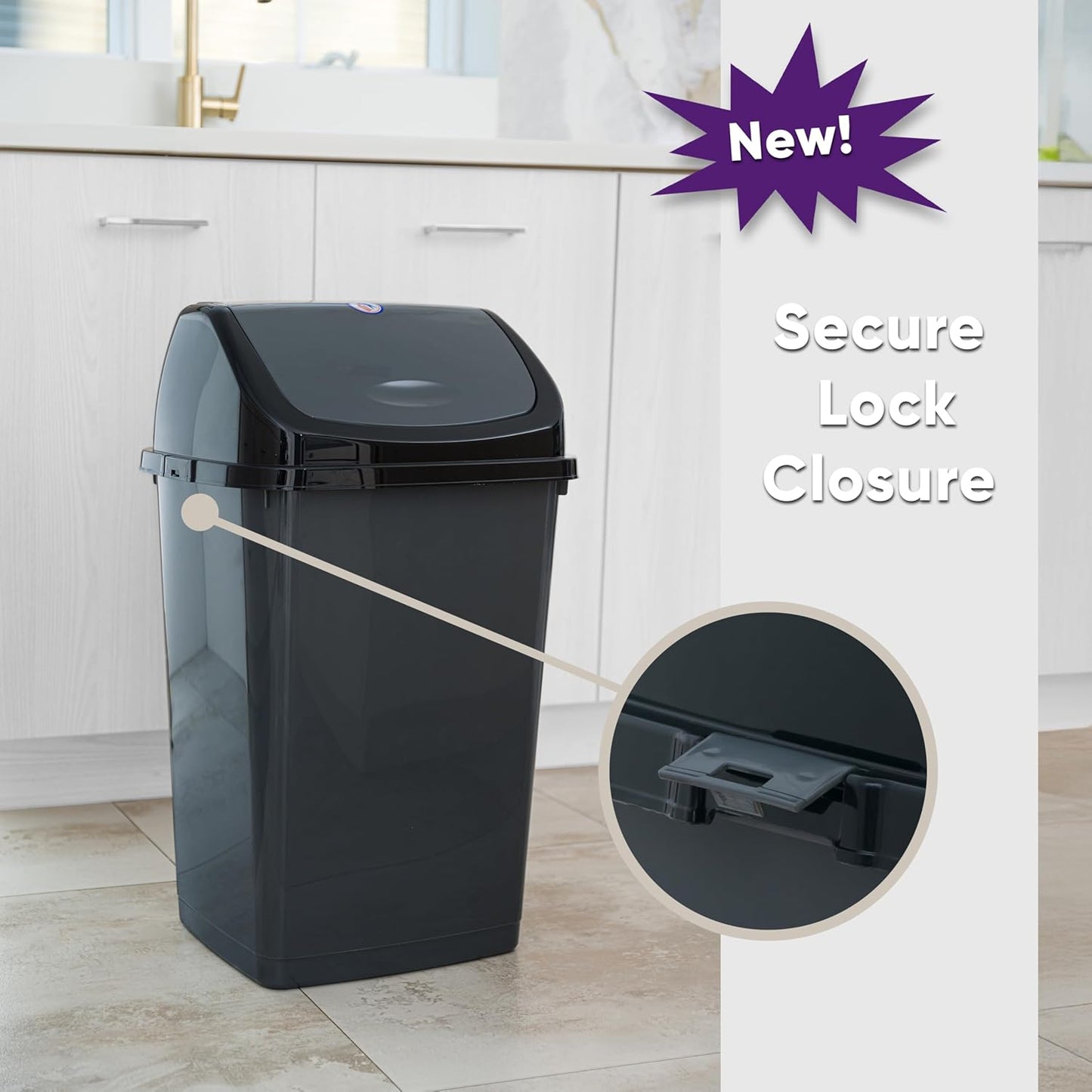 Superio 13 Gallon Plastic Swing Lid Trash Can, Grey/Black 2 Pack, Ideal for Home, Office, Garage, Patio, and Outdoor Use