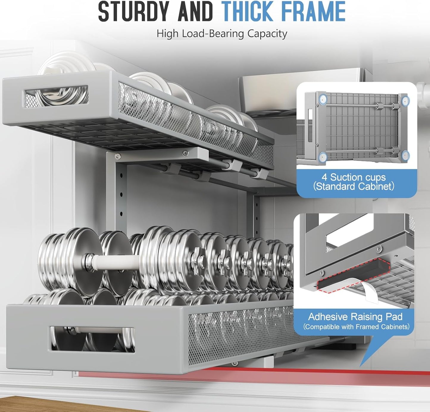 1 Pack 20.47IN Depth Under Sink Storage Organizer, Large 2-Tier Elegant Mesh Pull Out Shelf for Kitchen and Bathroom Cabinet Organization, L-Shaped and Adjustable Height Design-Gun Gray