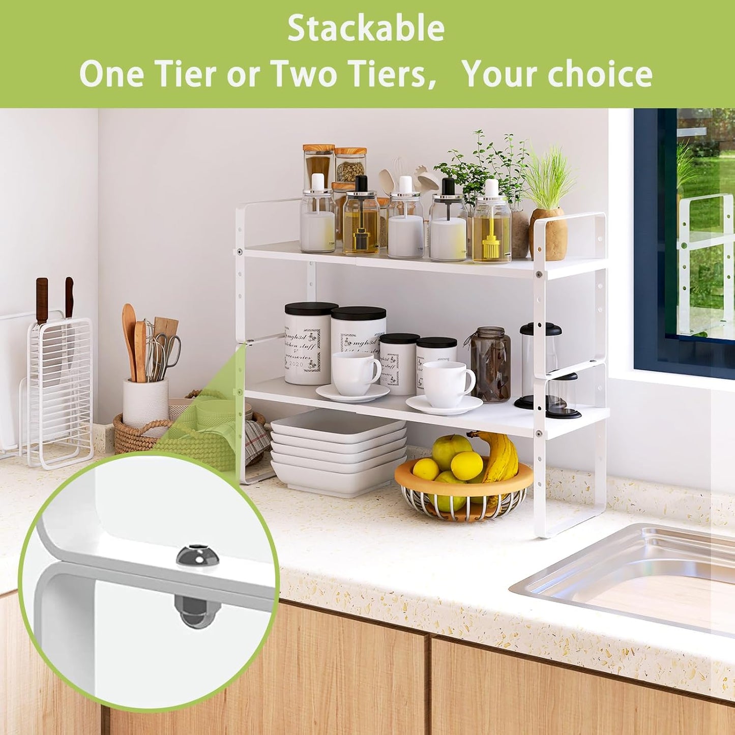 Expandable Cabinet Shelf Organizer Rack, Stackable Kitchen Counter Storage Shelves Stand, Adjustable Height Pantry Shelf Spice Rack (White, 1 Pack)