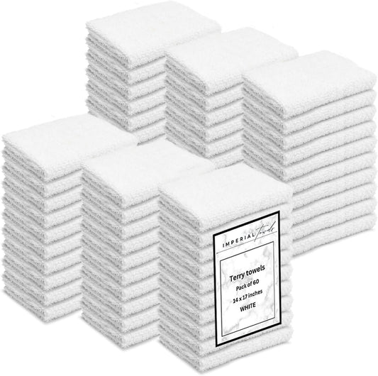 Terry Bar Mop Towels (Value Pack of 60) Size 14"x17" – Absorbent and Durable, Multipurpose Cleaning Rags, Cotton Cleaning Towels, Terry Cloth Rags, Reusable Shop Rags (White)