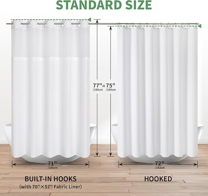 White No Hook Shower Curtain with Snap-in Fabric Liner Set,Waffle Weave Shower Curtains for Bathroom,Hotel Luxury Decor Bathroom Curtain Set,Waterproof & Washable,71Wx77H