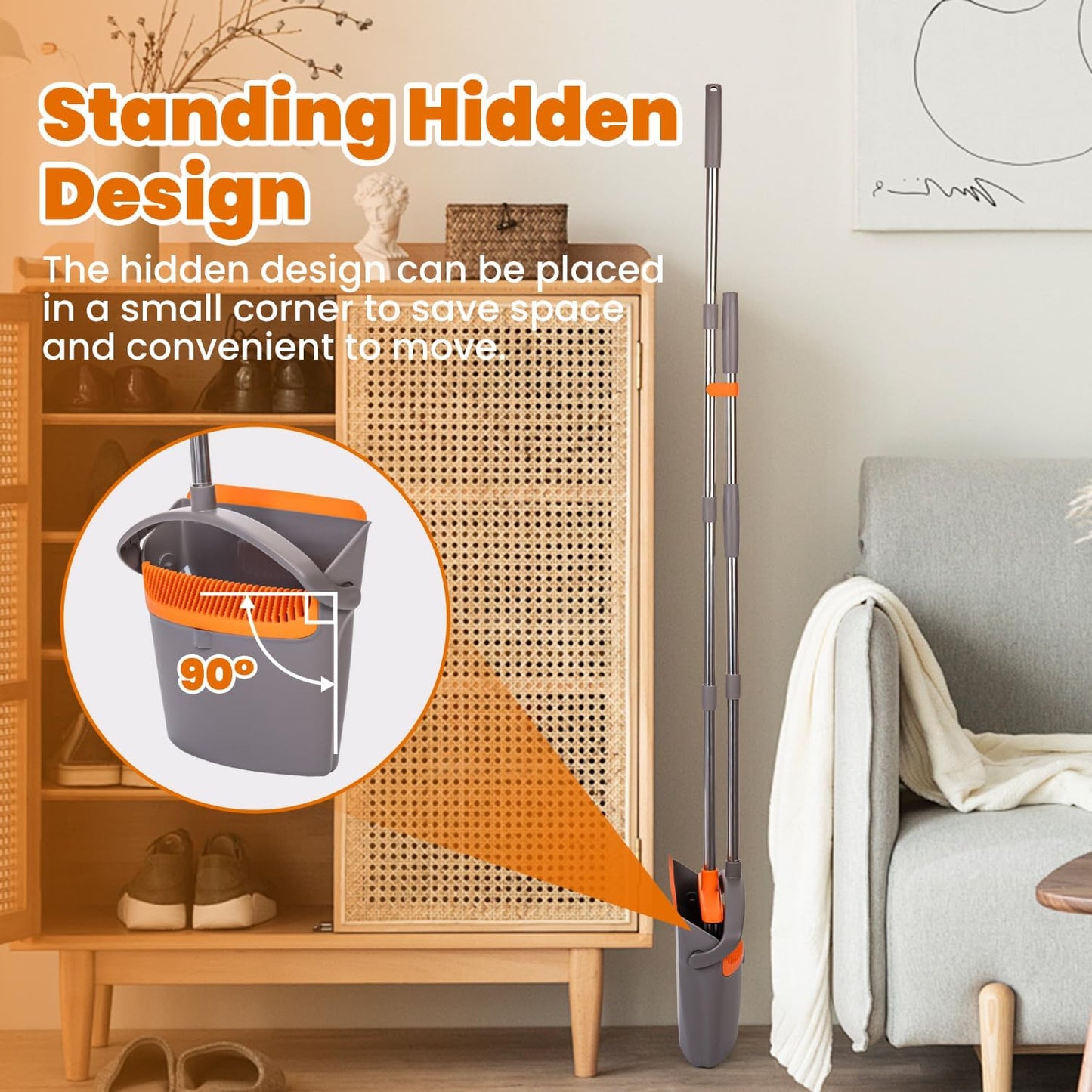 POWERJET Upright Broom & Dustpan Set (420900), Angled Lobby Broom, Exclusive Long Handle Extendable 52”, Self-Cleaning with Dustpan Teeth, Sweeping Indoor & Outdoor Home & Office Cleaning