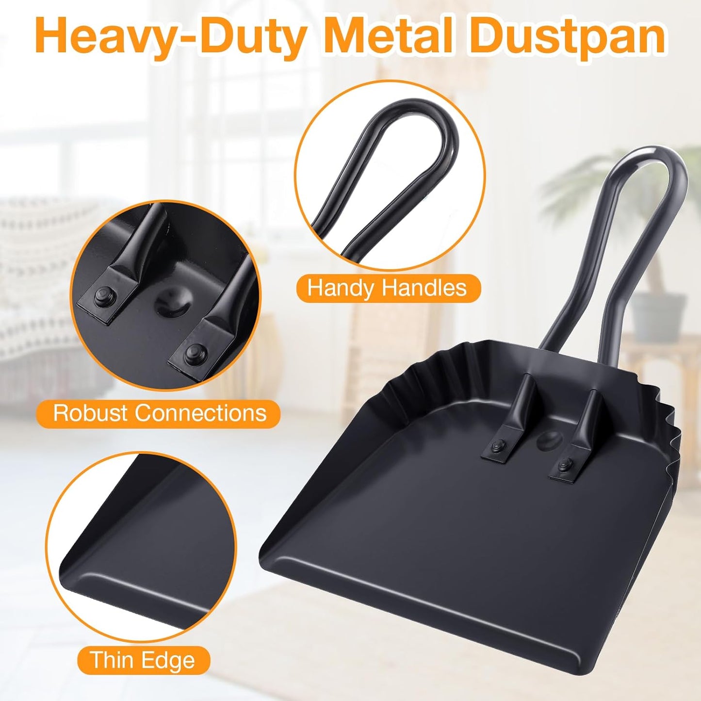 Mumufy 4 Pack 12 inch Heavy Duty Metal Dustpan Large Wide Dust Pans for Household Handheld Wide Scooper and Debris Cleaning Tool Ideal for Home and Commercial Use(Black)